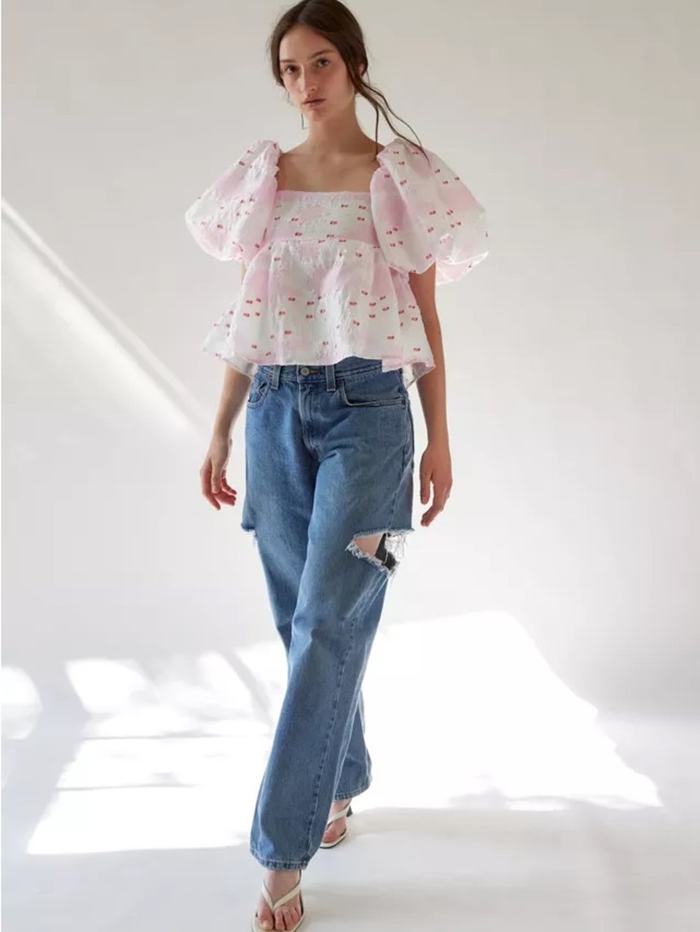 UrbanOutfitters DREAM sister Jane Venus Pink Puff-Sleeve  Jacquard Blouse - Picture 3 of 11